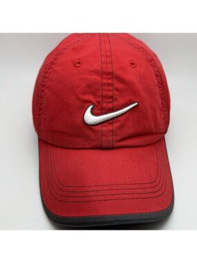 Nike Golf Baseball Cap Hat Red Adjustable with White Swoosh Logo Hook & Loop